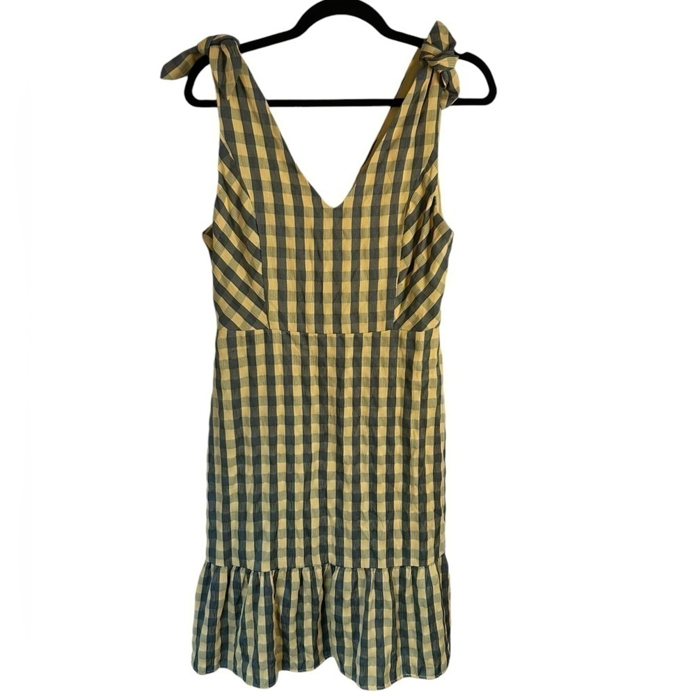 Gilli Yellow & Grey Plaid Knot Shoulder Ruffle Hem Jumper Dress Womens Sz Large